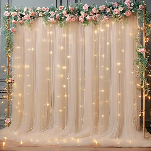 10x10ft Champagne Tulle Backdrop Curtain with Lights String for Parites, Sheer Backdrop Curtains for Wedding Baby Shower Birthday Party Photo Shoot Decorations