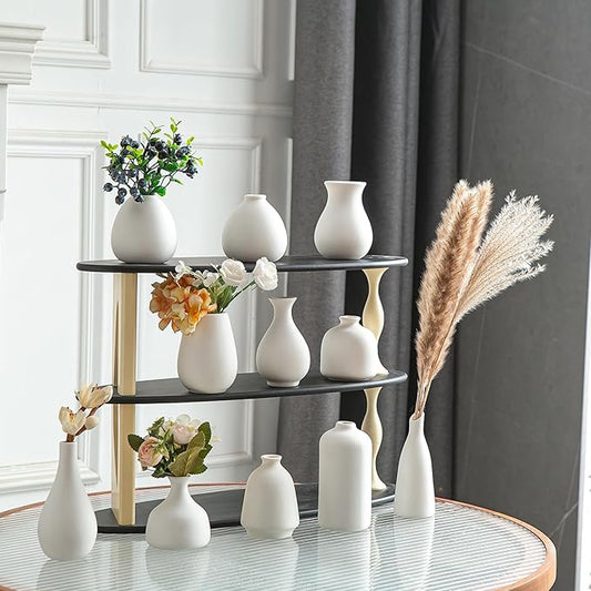 JOJUNO White Bud Vases, Small Ceramic Vase Set of 11, Mini Pottery Vases for Flowers, Decorative Pieces for Home Modern Decor, Boho Decor, Chic Accents for Living Room Dining Table Shelves