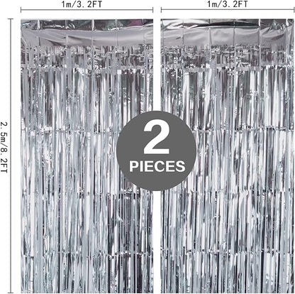 2 Pack Silver Foil Fringe Curtain Backdrop, 3.2Ft x 8.2Ft Metallic Tinsel Foil Fringe Streamer Curtains for Party Photo Booth Props Bachelorette Birthday Bridal Shower Christmas Decorations