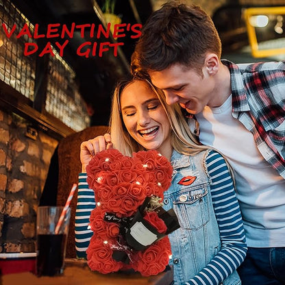 Romantic Valentines Day Gift for Her Rose Artificial Flower Rose Teddy Bear for Wife, Girlfriend Mother Daugther Women. Blind Box Gift for Christmas Birthday Wedding Anniversary (Red Bear)