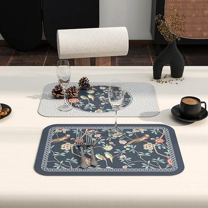 patdrea Blue Chinoiserie Rectangular PVC Placemats, Pack of 6, Waterproof Insulation, Soft and Durable, Suitable for Dining Table, Kitchen and Coffee Table Decoration,12"*17"