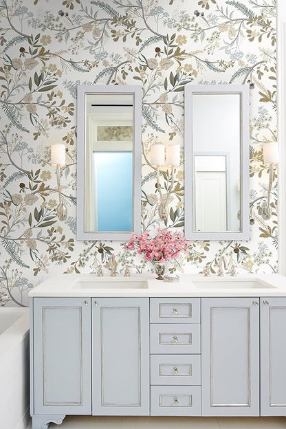 Guvana 16.14"x197" Floral and Leaf Wallpaper Floral Peel and Stick Wallpaper Leaves Contact Paper Colorful Flowers Removable Wall Paper for Room Wall Decor（Off-White Background）