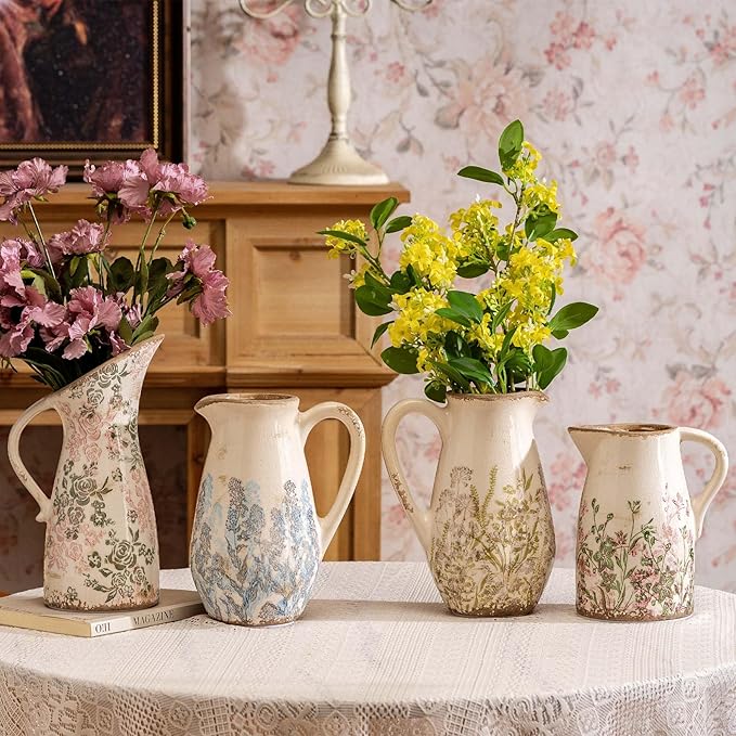 Navy Blue and Green Vintage Ceramic Floral Pitcher Vase, Rusitc Farmhouse Beige Decorative Flower Vase for Home Decor, Living Room, Rustic Table Centerpiece, Grand Millenial & Tuscan Decor 7.3 in