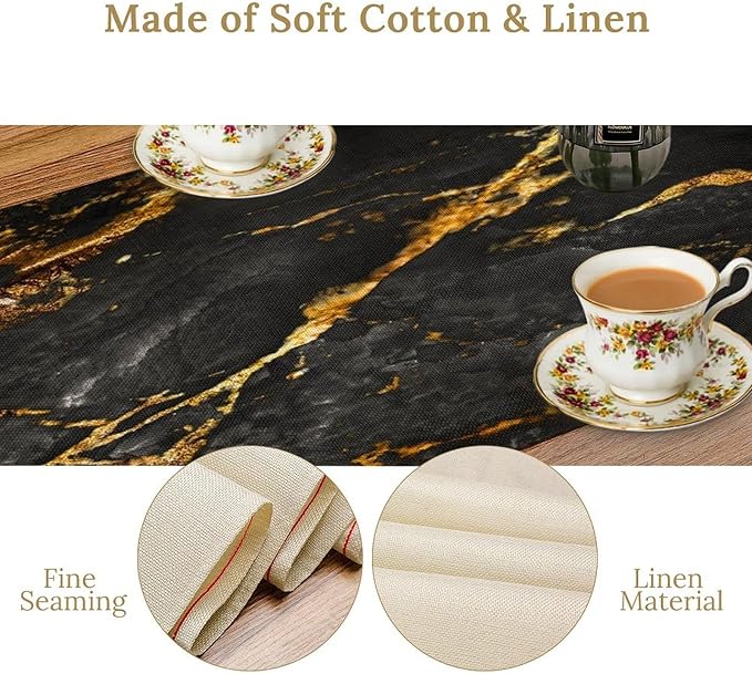 Black Grey Marble Table Runner Abstract Black Grey Gold Veins Marble Pattern Seasonal Dinner Runner Table Decoration for Farmhouse Home Kitchen Dining Holiday Party 13x60in