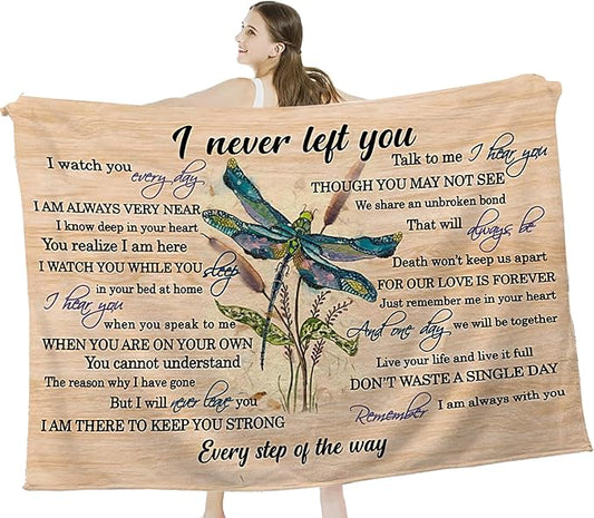 Dragonfly Blanket Memorial Sympathy Gifts for Girls Women Loved One I Never Left You Throw Blanket for Kids Adults Soft Warm Cozy Fleece Blanket for Couch Sofa Bed 40"x50"