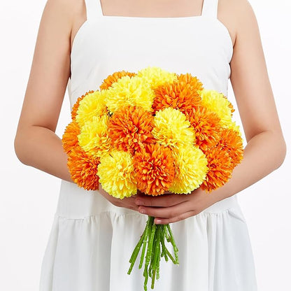 SITUMEIZI 12 Pcs Artificial Chrysanthemums Flowers Ball Flower Fake Mums Silk for Fall Decor Halloween Thanksgiving Day Wedding Home Kitchen Decoration Floral Arrangement(Yellow,Orange)