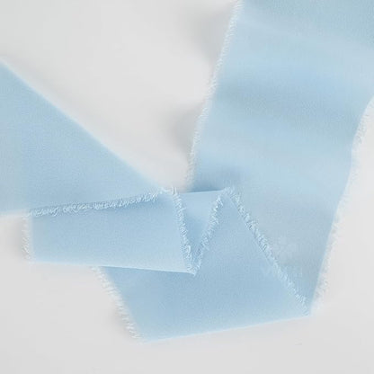 MEEDEE Light Blue Chiffon Ribbon 3 Inch Fringe Ribbons Baby Blue Chiffon Silk Frayed Edge Ribbon Wide Chiffon Ribbons for Crafts, Flower Bouquet, Wedding Favors Wrapping (2 Rolls 10 Yards)