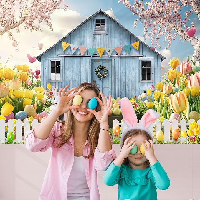 Easter Backdrop Spring Farm Barn Rabbit Bunny Egg Floral Grassland Photography Background Easter Party Decoration Supplies Favors Cake Table Banner Photo Booth Studio Props 7x5ft