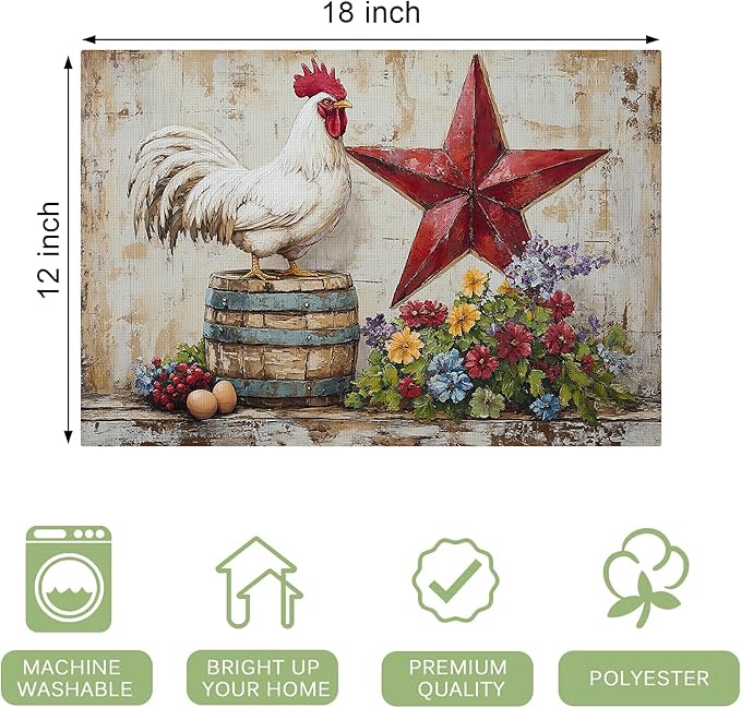 Farmhouse Chicken Placemats Set of 6 Washable Table Retro Rooster Heat-Resistant Cotton Linen Place Mats for Dining Table Kitchen Indoor Outdoor Party Holiday Decor