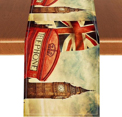 British Table Runner, Seasonal Vintage Buildings England London Culture Element Coffee Table Center Decor for Home Kitchen Dining Patio Holiday Party Table Decorations 13x90 inches