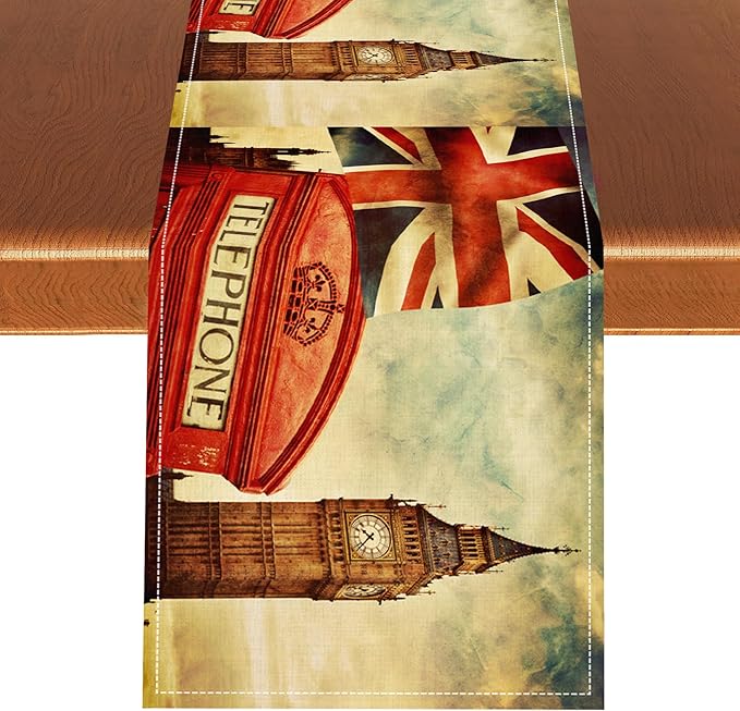 British Table Runner, Seasonal Vintage Buildings England London Culture Element Coffee Table Center Decor for Home Kitchen Dining Patio Holiday Party Table Decorations 13x36 inches