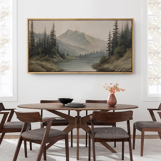 SIGNFORD Extra Large Framed Canvas Print Wall Art Mountain Forest Landscape Misty Pine Trees and Lake Scene Illustrations Modern Art Relax/Calm Warm for Living Room, Bedroom, Office - 60"x30"