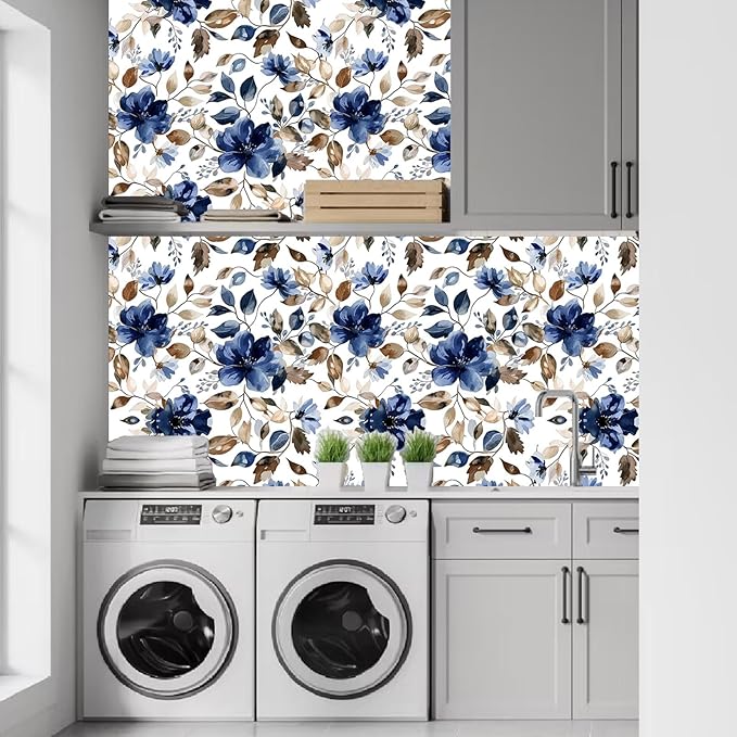 Blue Floral Peel and Stick Wallpaper Modern Contact Paper Waterproof Botanical Flower Removable Self Adhesive Wallpaper for Bathroom Bedroom Living Room Cabinets 17.7"x212.6"