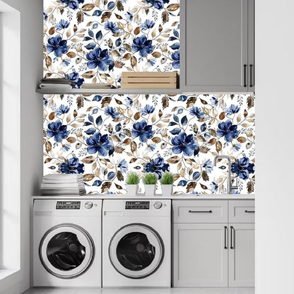 Blue Floral Peel and Stick Wallpaper Modern Contact Paper Waterproof Botanical Flower Removable Self Adhesive Wallpaper for Bathroom Bedroom Living Room Cabinets 17.7"x212.6"