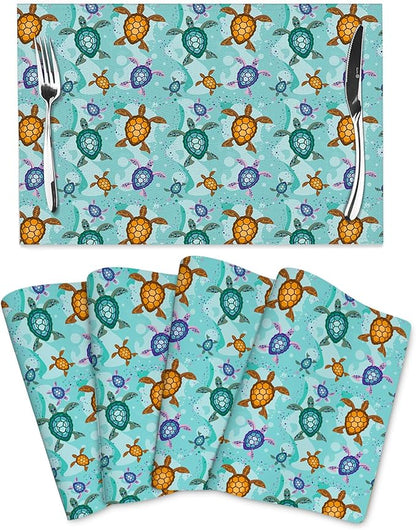 Cute Sea Turtle Placemats Set of 4, Washable Non-Slip Heat-Resistant Ocean Themed Decorative Kitchen Table Mats for Dining Outdoor Party Home Decor 12"x18" Teal Nautical Linen Place Mats