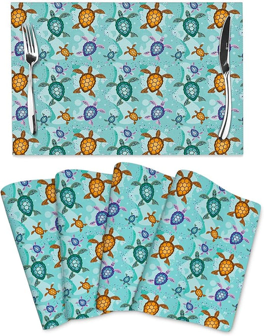 Cute Sea Turtle Placemats Set of 4, Washable Non-Slip Heat-Resistant Ocean Themed Decorative Kitchen Table Mats for Dining Outdoor Party Home Decor 12"x18" Teal Nautical Linen Place Mats