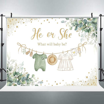 Riyidecor Green Gender Reveal Backdrop Polyester Fabric He or She What Will Baby Be 8Wx6H Feet Boho Watercolor Gold Dots Sage Eucalyptus Leaves Photography Background Baby Shower Photo Studio Shoot