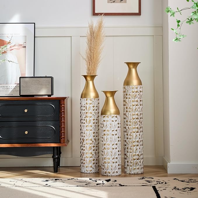 Gilded White 3D Relief Flower Metal Vase Set of 3, Elegant Tall Cylinder Vases for Home Decoration, Modern Gold & White Decorative Floor Vases for Living Room or Entryway