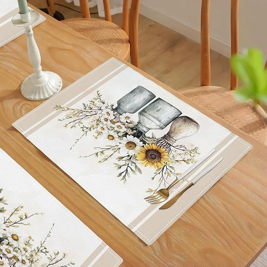 Farmhouse Sunflower Placemats Set of 4, Rustic Daisy Place Mats, Country Dining Table Mats, Washable Spring Placemats for Kitchen Dining Room Home Decor 18L'' × 12W''