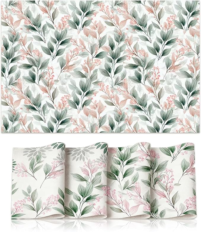 Linen Fabric Watercolor Botanical Placemats Set of 4 - Non-Slip Table Mats for Dining, Elegant Pink Berries & Green Leaves Design, Heat-Resistant Kitchen Decor, Farmhouse & Modern Home Décor