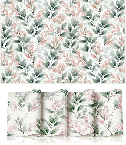 Linen Fabric Watercolor Botanical Placemats Set of 4 - Non-Slip Table Mats for Dining, Elegant Pink Berries & Green Leaves Design, Heat-Resistant Kitchen Decor, Farmhouse & Modern Home Décor