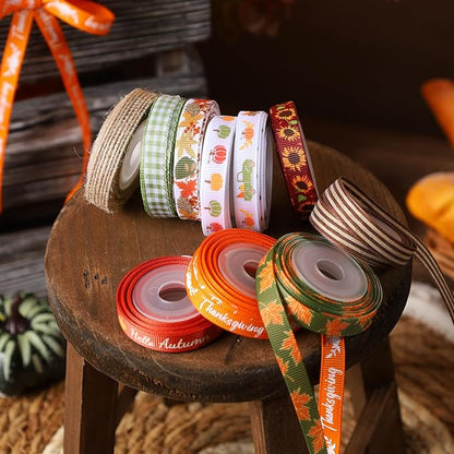 LaRibbons Fall Ribbons for Crafts 3/8 Inch x 5 Yards/Roll 50Yards TTL,Orange Green Yellow Plaid Ribbon for Autumn Wreath Thanksgiving Christmas Farm Gift Wrapping Home Decor