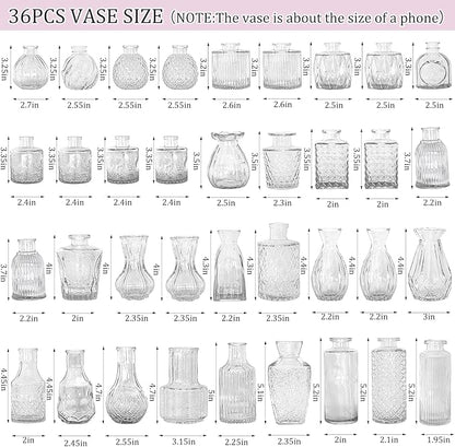 36Pcs Bud Vases Set Small Vintage Glass Bottles Clear Bud Vases in Bulk Multiple Shape Cute Glass Vases for Rustic Wedding Centerpieces Table Decorations and Home Decor(Clear)
