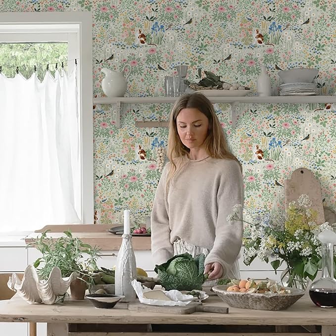 Heroad Floral Peel and Stick Wallpaper Light Green Wallpaper Boho French Country Contact Paper Cat Birds Removable Self-Adhesive Wall Paper for Bedroom Kitchen Cabinets Decoration Vinyl 17.3”x78.7”