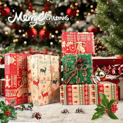 Panigkids Christmas Wrapping Paper Set with Jute Twine, Red, Green & Natural Kraft Rolls with Candy Canes, Reindeer & Merry Christmas Print (17 inch x 17 ft) 4 Rolls