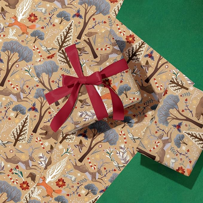 WRAPAHOLIC Kraft Christmas Wrapping Paper - Mini Roll - 17 Inch x 33 Feet - Christmas Animal Wrapping Paper and Tree Elements for Holiday, Party Celebration
