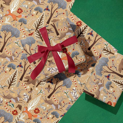 WRAPAHOLIC Kraft Christmas Wrapping Paper - Mini Roll - 17 Inch x 33 Feet - Christmas Animal Wrapping Paper and Tree Elements for Holiday, Party Celebration
