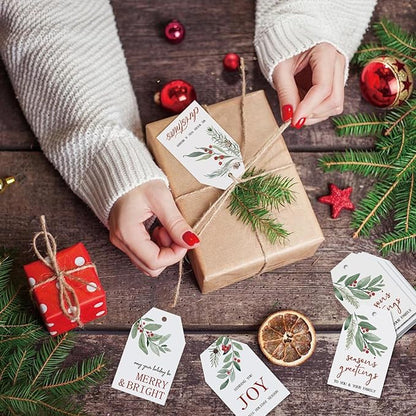 100 Pcs Merry Christmas Gift Tags Happy Holidays Paper Tag Watercolor Holly Xmas Hanging Label Tags with Hemp Rope for Xmas Season Gift Wrapping DIY Crafts, 4 Designs