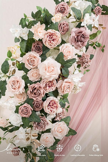 Ling's moment Wedding Arch Backdrop Stand with Flowers - 7.2FT Metal Arch Frame with Drapes for Ceremony Decor - Artificial Floral Birthday Party, Bridal Shower, Outdoor Garden, Pink Dusty Rose, Gold
