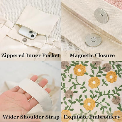 Aesthetic Embroidery Tote Bag for Lady Cute Reusable Canvas Shoulder Bag for Girls Women Shopping Grocery