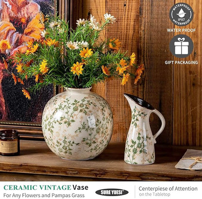 Set of 2 Vases, Green and Beige Pastoral Vintage Vase Set for Flowers, Rustic Farmhouse Decorative Vases for Home Decor, Chinoiserie Floral Vase, Living Room Table Centerpiece