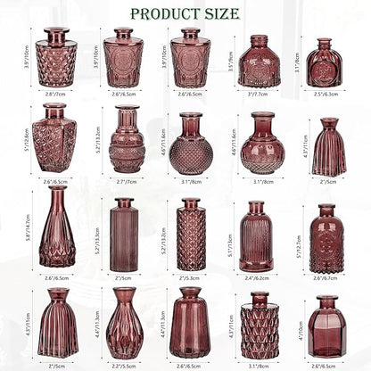 Glass Bud Vases Set of 20, Small Flower Vase in Bulk for Centerpieces, Mini Vintage Wine Red Vases for Rustic Wedding Vintage Home Table Decor