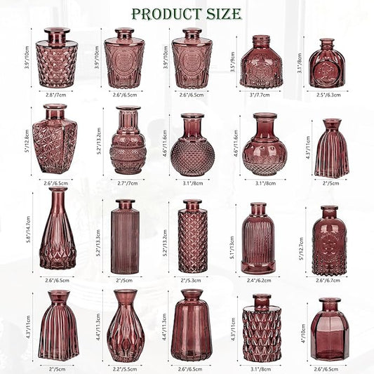 Glass Bud Vases Set of 20, Small Flower Vase in Bulk for Centerpieces, Mini Vintage Wine Red Vases for Rustic Wedding Vintage Home Table Decor
