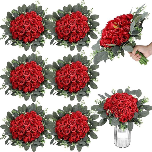 Zeyune 12 Pack Wedding Bridesmaids Bouquets 7 Inch Artificial Rose Bouquets Silk Flowers with Stems Fake Floral Bundles Bulk for Wedding Bridal Shower Party Centerpieces Home Decor(Red)