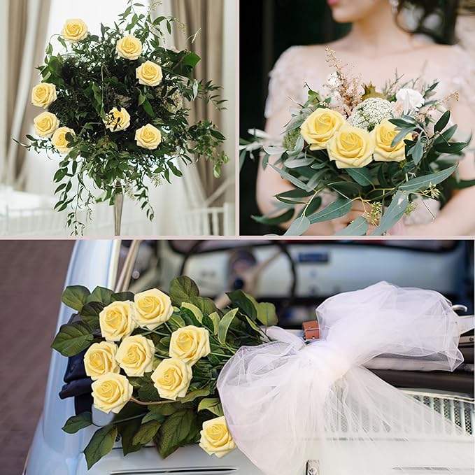 100Pcs Artificial Flowers Creamy Yellow Roses Real Looking Foam Fake Roses with Leaves and for DIY Wedding Bouquets Bridal Shower Centerpieces Party Decorations (Creamy Yellow, 100)