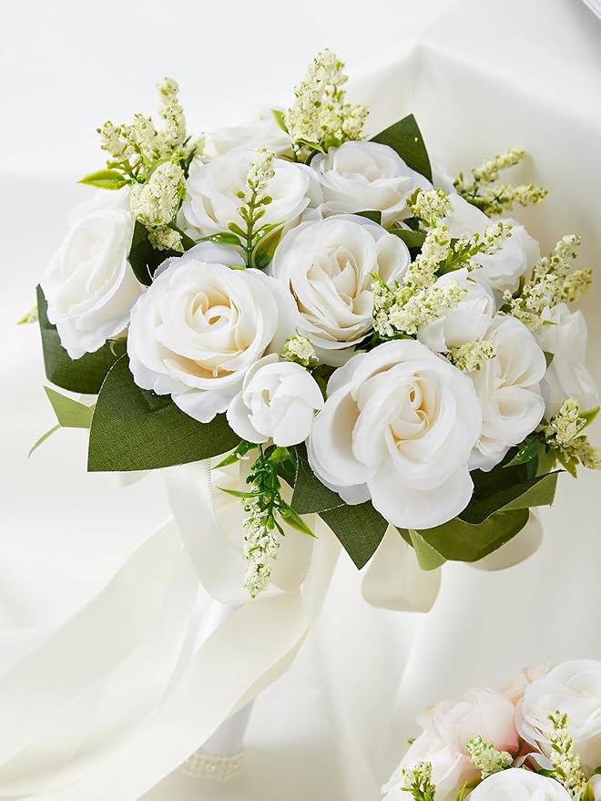 Meldel Ivory Wedding Bouquets for Bride Bridesmaid with Corsage and Boutonniere Set, 8 Inch White Champagne Artificial Roses Flowers Bridal Bouquet for Wedding Church Decoration,Ceremony, Anniversary
