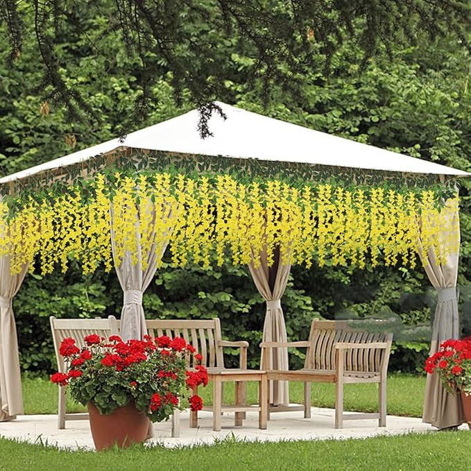 Artificial Wisteria Hanging Flowers Fake Wisteria Flower Garland Silk Vines Rattan Decor for Home Wedding Arch Wall Garden Greenery Bedroom Outdoor Office Party Decoration (12, Yellow)