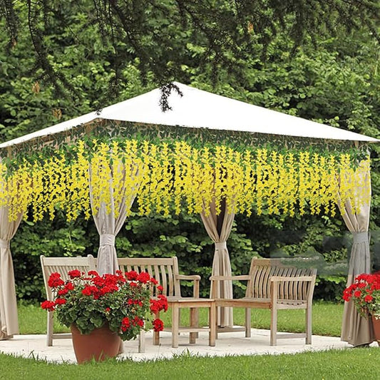 Artificial Wisteria Hanging Flowers Fake Wisteria Flower Garland Silk Vines Rattan Decor for Home Wedding Arch Wall Garden Greenery Bedroom Outdoor Office Party Decoration (12, Yellow)