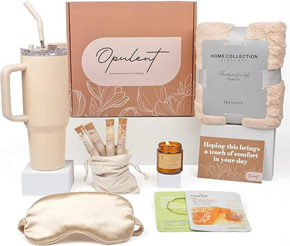 Luxury Self Care Gifts for Women, Get Well Soon Gift Basket, Care Package for Women with Cozy Blanket, 40oz Tumbler, Candle, Bath Salts, Spa Gift Box and Birthday Hug in a Box for Her, Mocha Mousse
