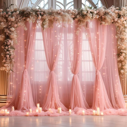 30ft x 10ft Dusty Rose Backdrop Curtain with Lights String for Parties, Sheer Tulle Wedding Photo Backdrops Drapes for Baby Shower Birthday Party Decorations Background for Photography