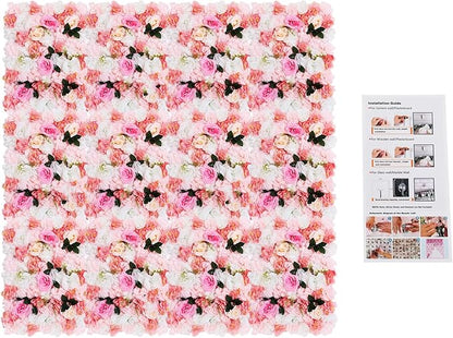 12PCS Flower Wall Panels, 3D Silk Floral Wall Backdrop, Realistic Pink Dahlias Rose Flower Backplanes, Roll Up Fake Flower Background for Valentines Wedding Party Home Decoration