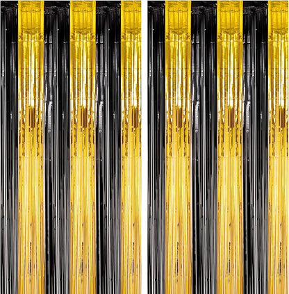 2 Pack Black and Gold Foil Fringe Backdrop Curtains, Tinsel Streamers Birthday Party Decorations, Fringe Backdrop for Graduation, Baby Shower, Gender Reveal, Disco Party