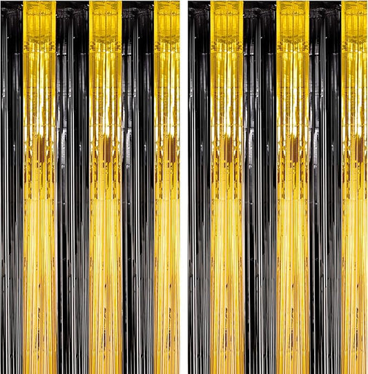 2 Pack Black and Gold Foil Fringe Backdrop Curtains, Tinsel Streamers Birthday Party Decorations, Fringe Backdrop for Graduation, Baby Shower, Gender Reveal, Disco Party