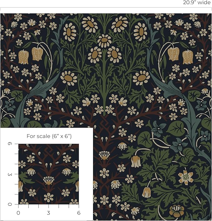 NextWall Seabrook Designs Victorian Garden Floral Vintage Prepasted Wallpaper (Midnight Blue & Evergreen)