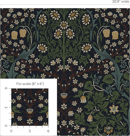 NextWall Seabrook Designs Victorian Garden Floral Vintage Prepasted Wallpaper (Midnight Blue & Evergreen)