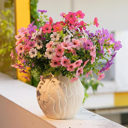 Artificial Flowers for Outdoor Indoor Garden Home Decoration, Faux Flower Daisy with Eucalyptus Leaves Fake Plants Greenery Boxwood Porch Patio, 10 Bundles (Purple-Pink)